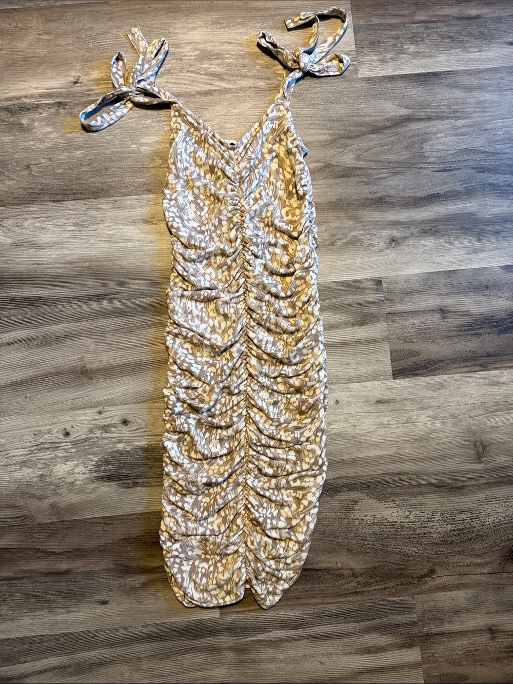 Tie-Shoulder Ruched Beige & White Print Dress